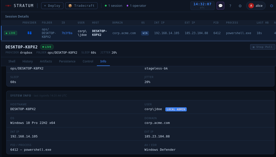 Info tab — live system profile