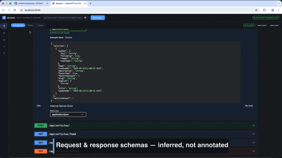 apispecui — generate an OpenAPI 3.1 spec from Go source, no annotations
