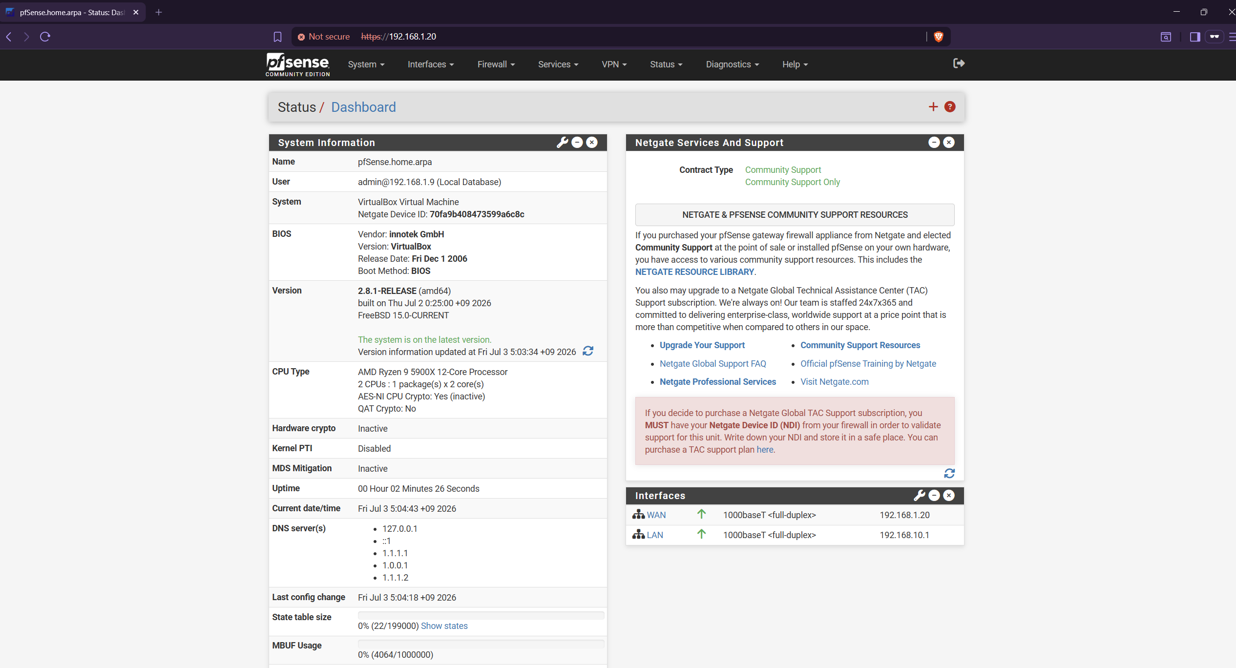 pfSense WebGUI 仪表盘