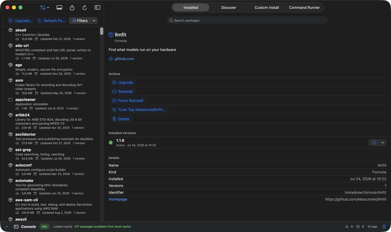 HomebrewApp package browser showing an installed package from an untrusted tap, its Trust Tap action, and the console dock.