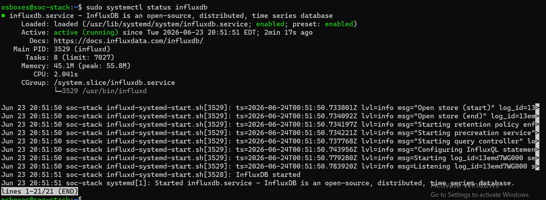 InfluxDB active
