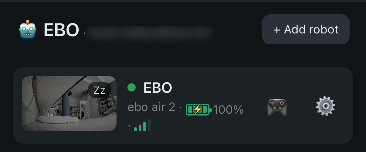 The EBO sidebar panel listing every robot on the account with a live preview, battery and signal