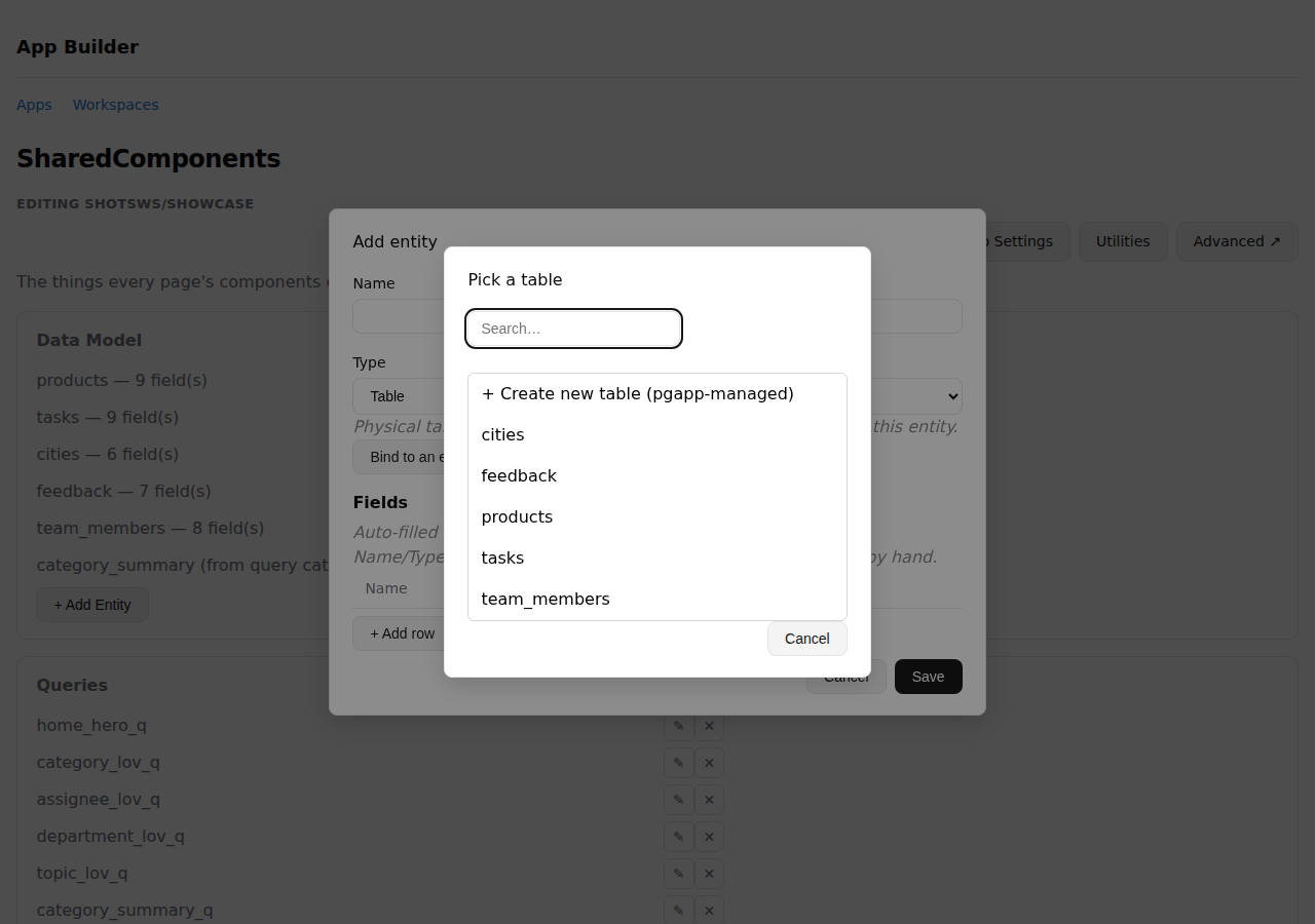 pgapp App Builder: entity editor with a searchable table picker dialog open