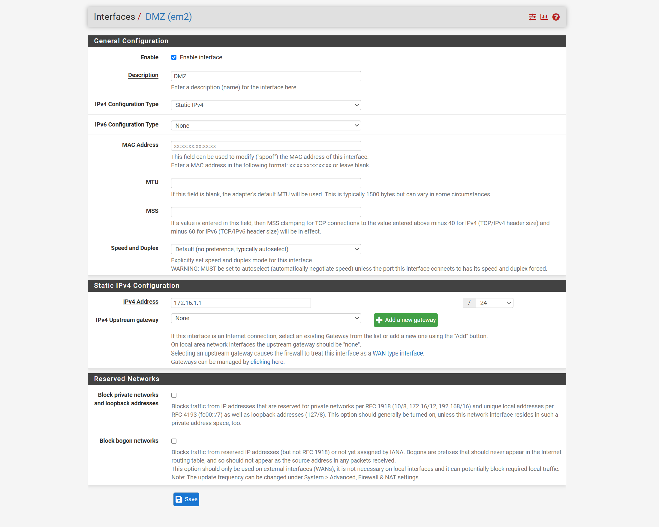 使用静态 IPv4 寻址配置的专用 pfSense DMZ 接口