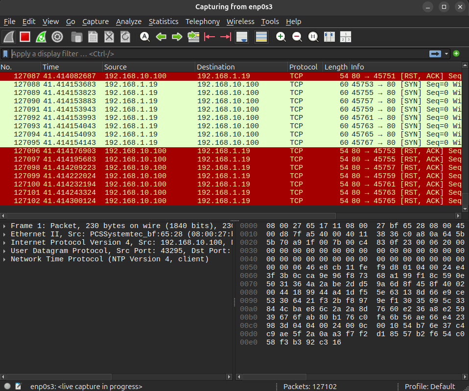 显示泛洪进行中的 Wireshark