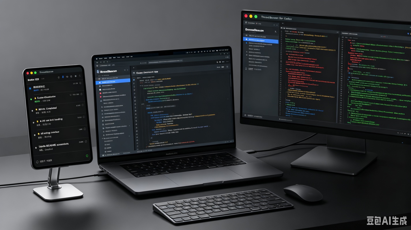 ThreadBeacon 在竖向小屏上作为 Codex 任务状态台的工作台示意