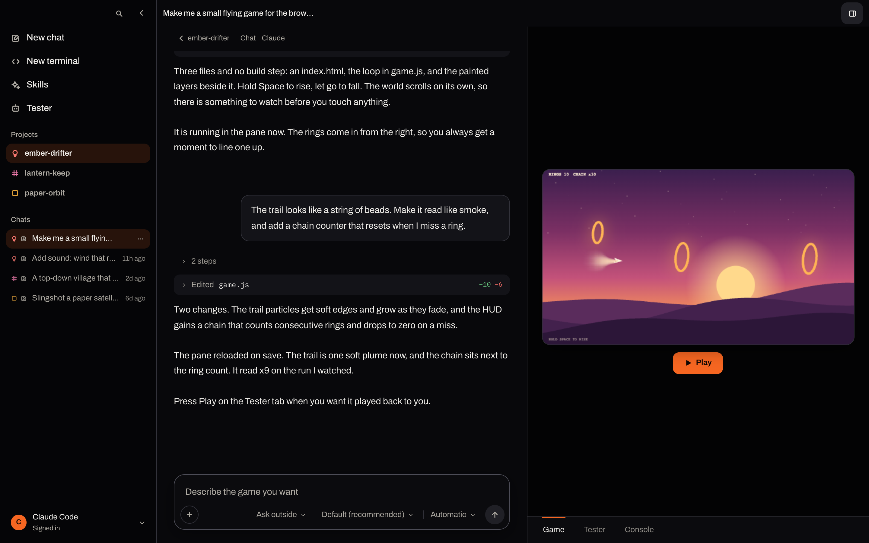 The Hearth window: a sidebar of project folders on the left, a conversation with a coding agent in the middle, and the game running in a pane on the right