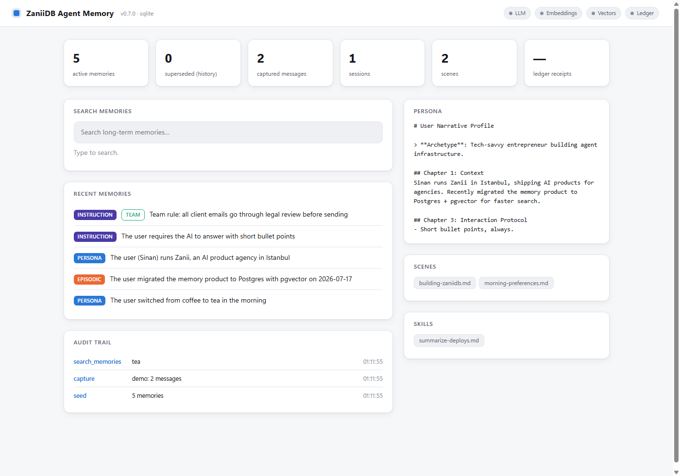 ZaniiDB dashboard: stat tiles, memory search, type-chipped memories, audit trail, persona