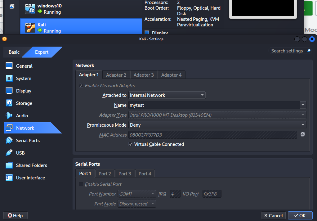 VirtualBox 内部网络配置