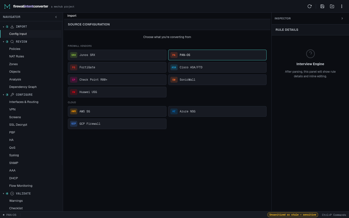 Source configuration chooser — pick a vendor, cloud platform, or start greenfield