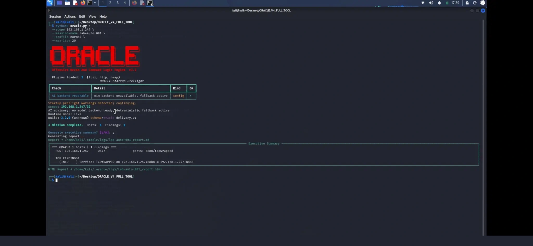 ORACLE startup and mission report