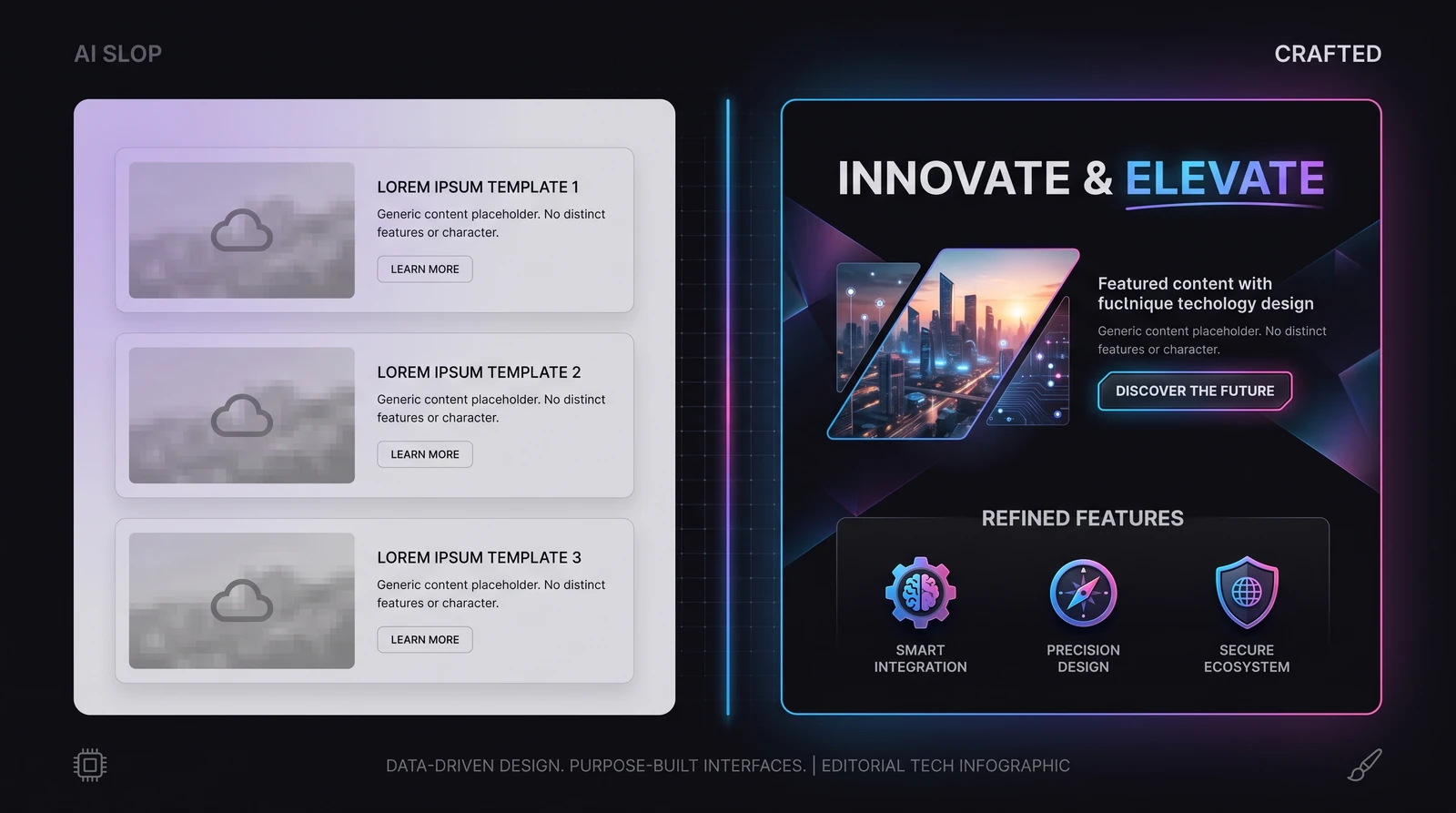 AI slop on one side, crafted UI on the other — a dramatic contrast