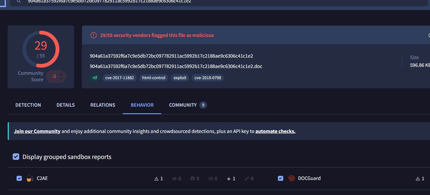 VirusTotal 检测结果和确认的漏洞利用 CVE