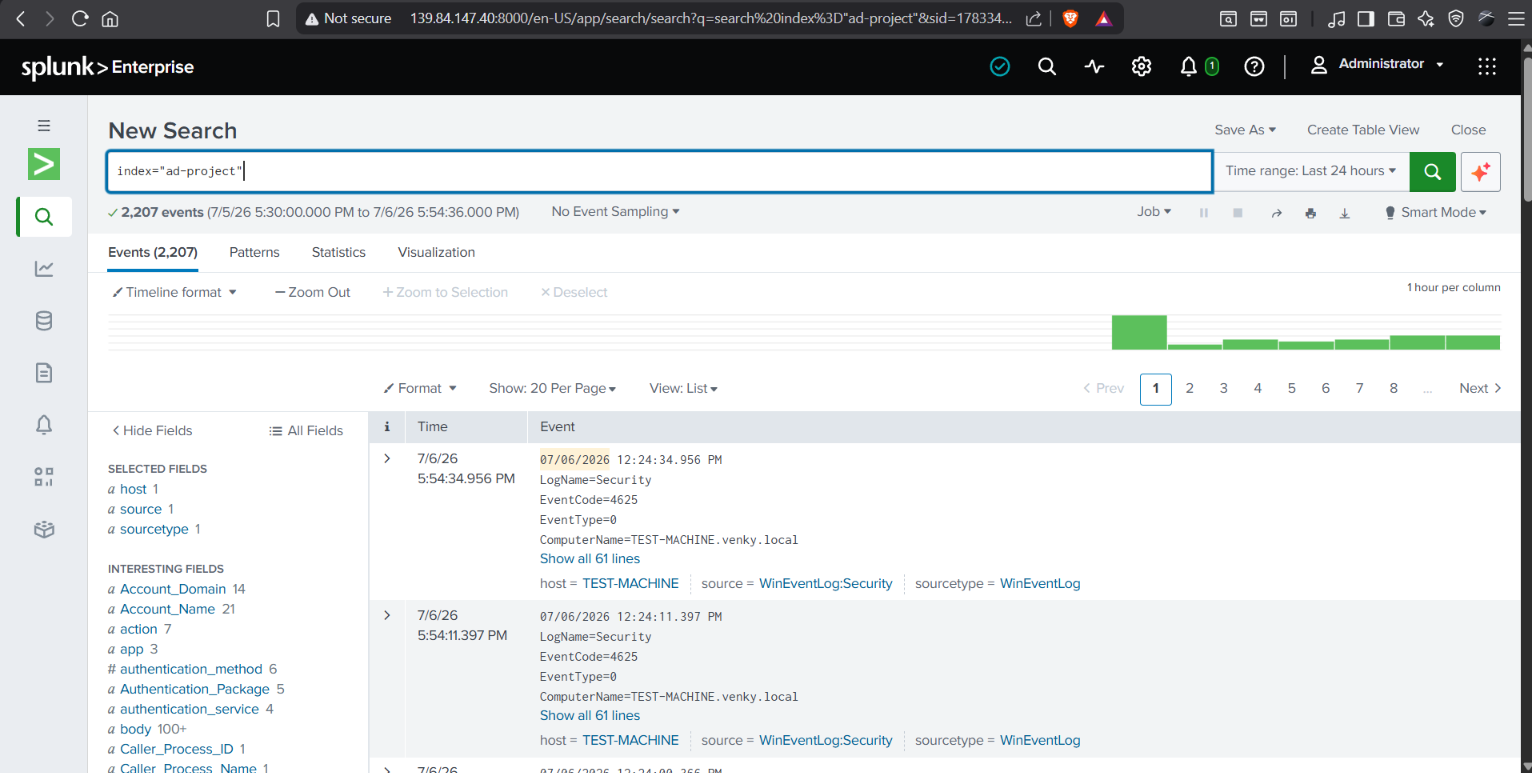 来自两个 Host 的 Splunk 事件