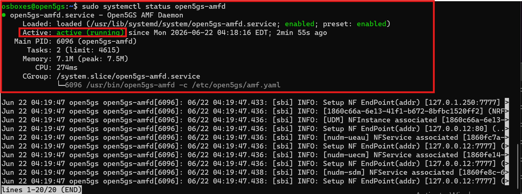 AMF status NF connected