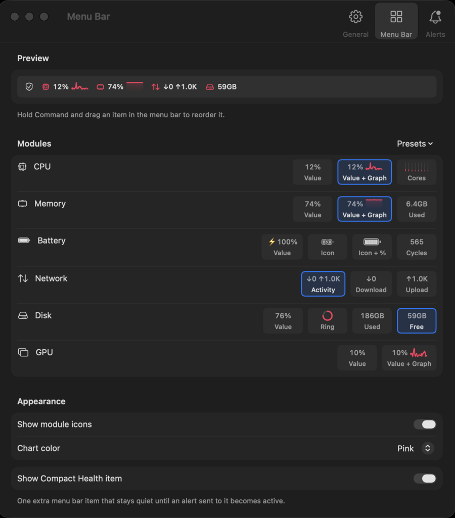 The Menu Bar settings pane: a live preview of the menu bar, and every module's components as clickable chips