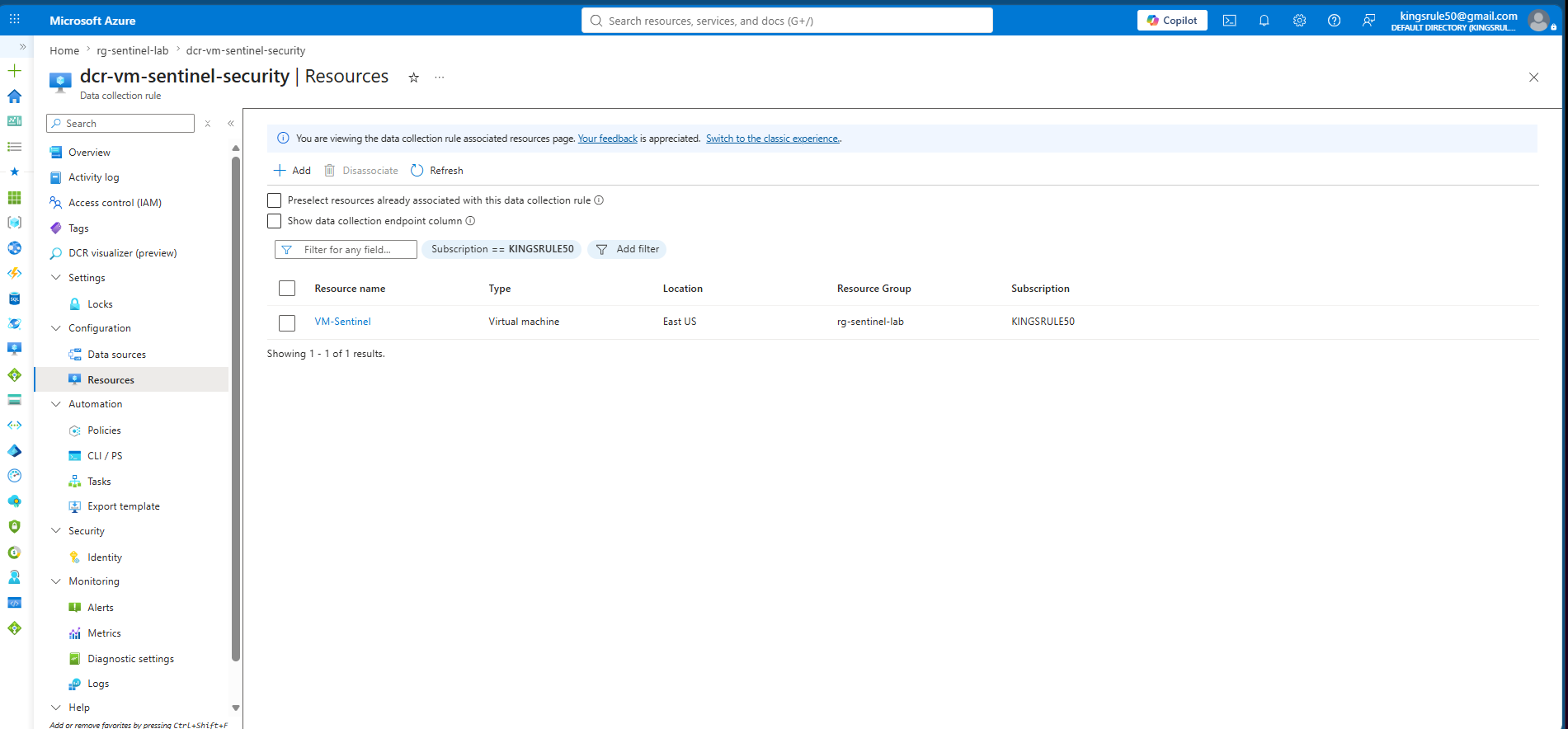 Azure Portal view of the Data Collection Rule configuration