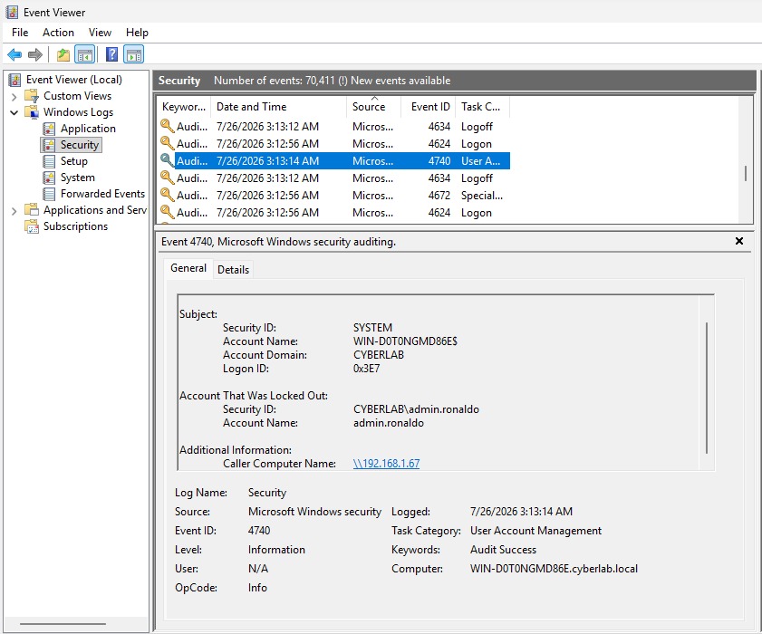 Event Viewer 4740/4625