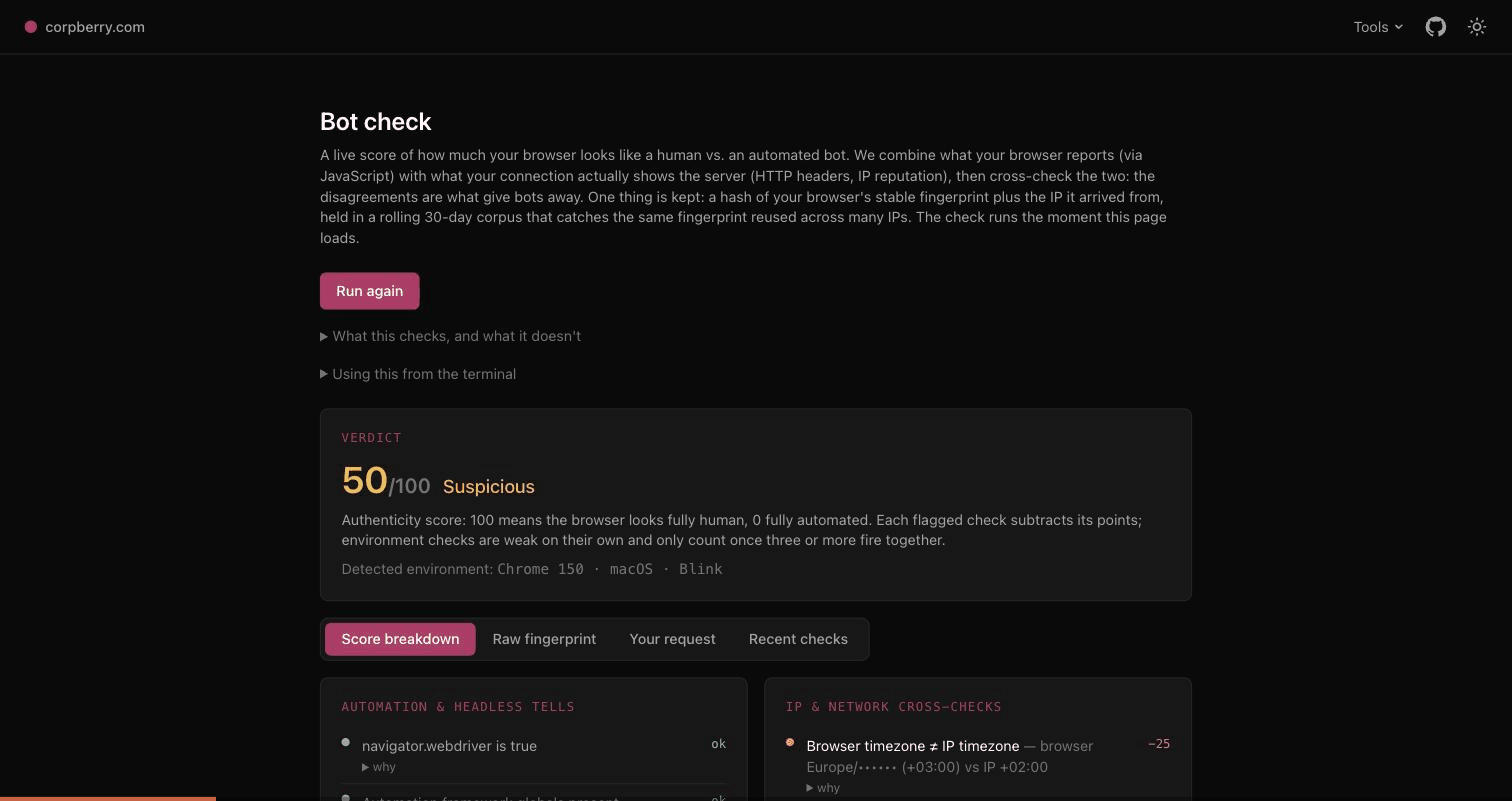 Bot check scoring a browser in real time, with a per-signal breakdown