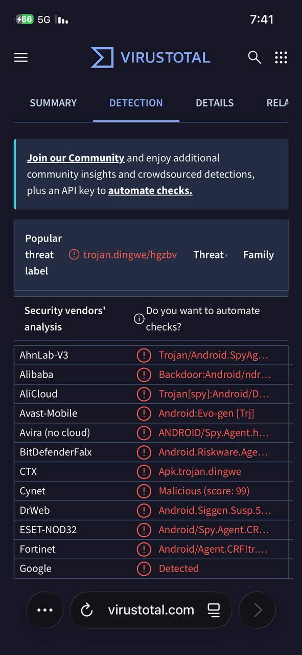 VirusTotal 检测:trojan.dingwe / Android 间谍软件