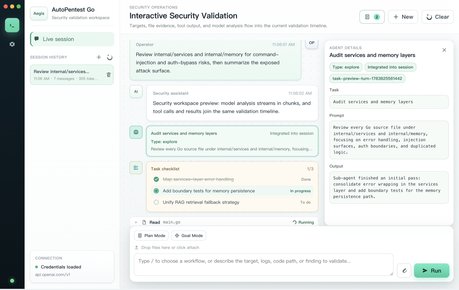 AutoPentest Go desktop — interactive security validation timeline