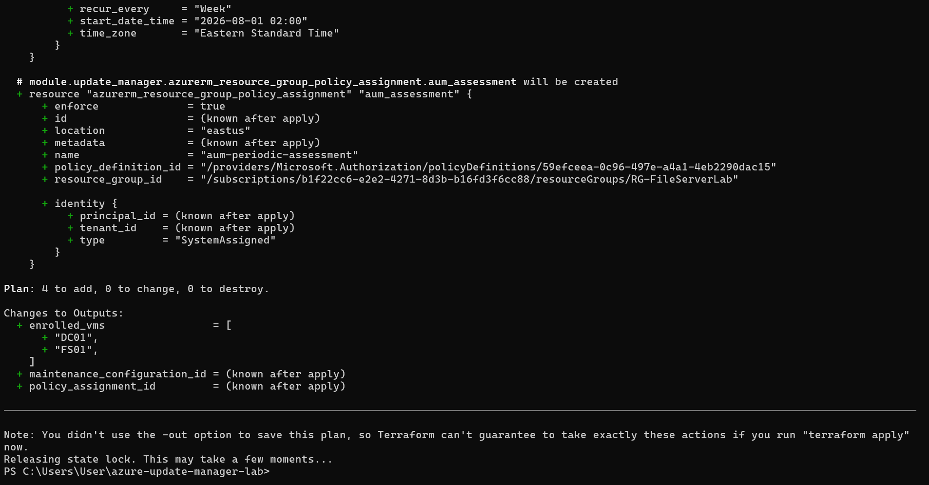 terraform plan — 新增 4 个,更改 0 个,销毁 0 个