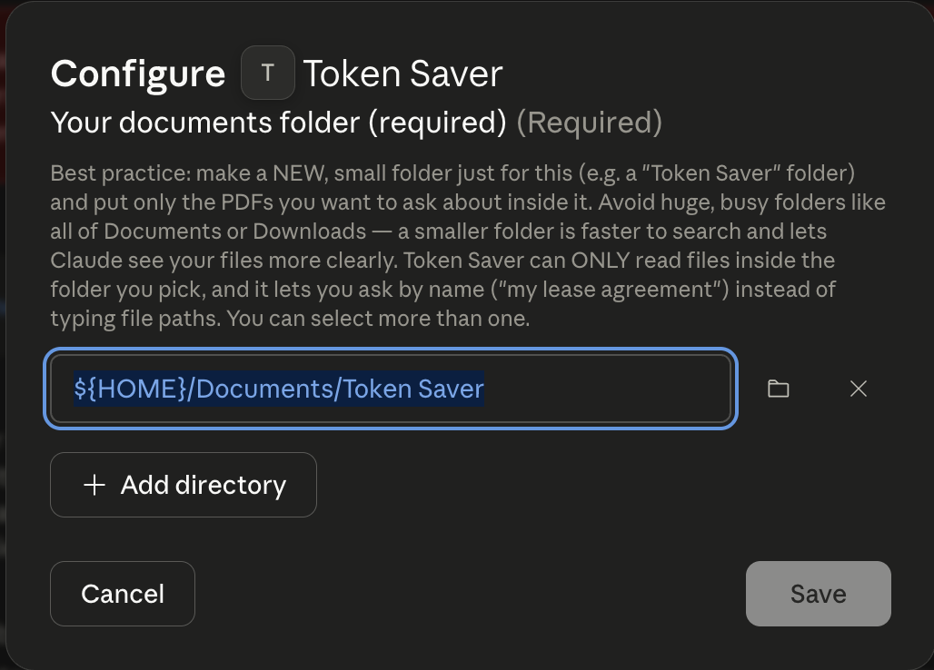 The Configure dialog with the documents folder set to Documents/Token Saver
