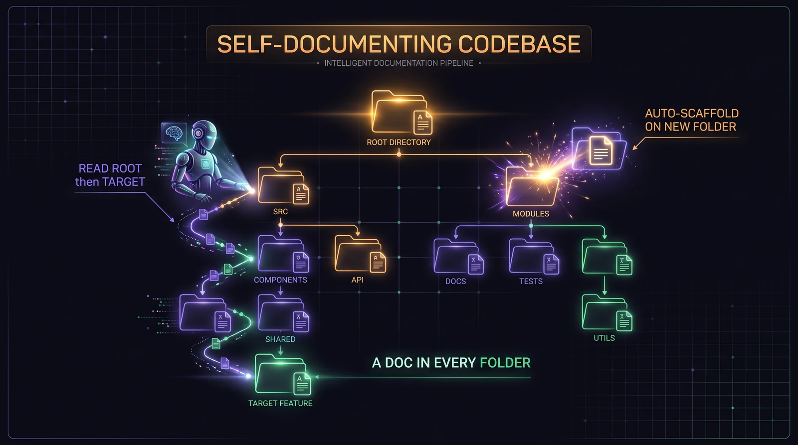 A self-documenting codebase — a doc in every folder, auto-scaffolded into new folders, read root to target