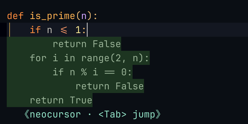 neocursor.nvim: Cursor's Tab predicting the rest of is_prime() as ghost text in Neovim