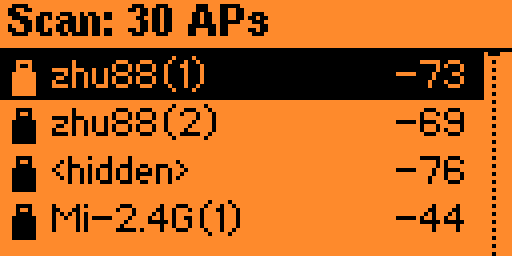 Scan list — lock, SSID, RSSI, mesh markers
