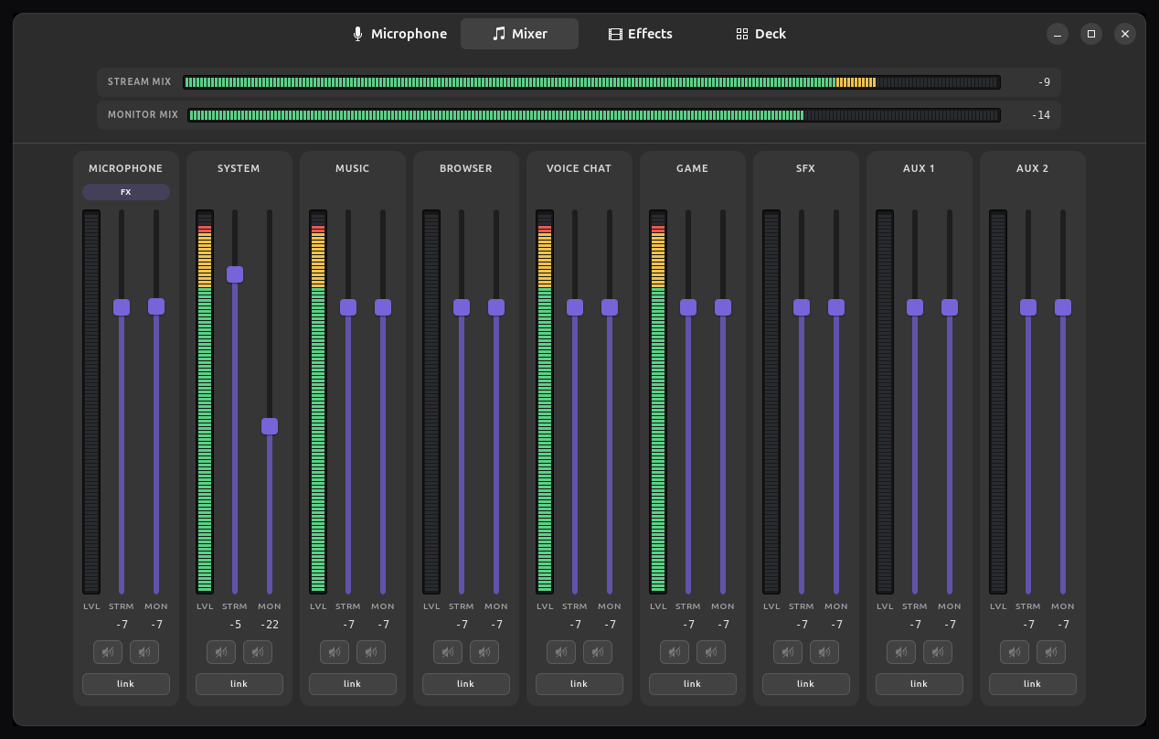 The mixer: nine channel strips, each with its own Stream and Monitor fader and a live level meter