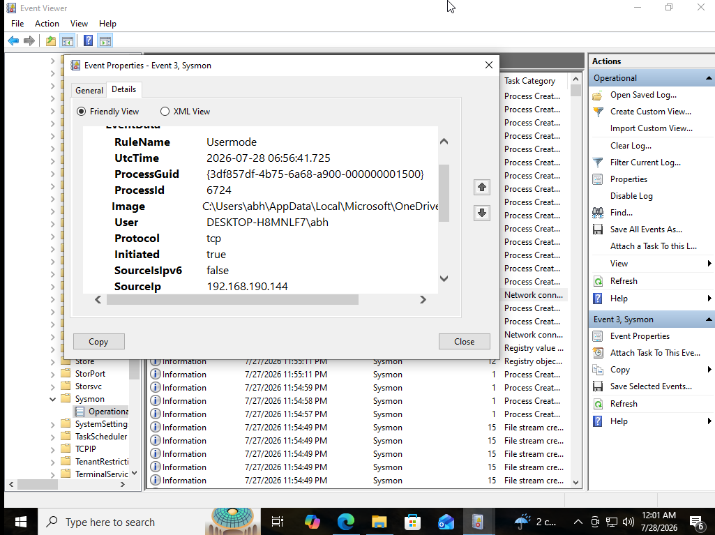 Sysmon network connection detected