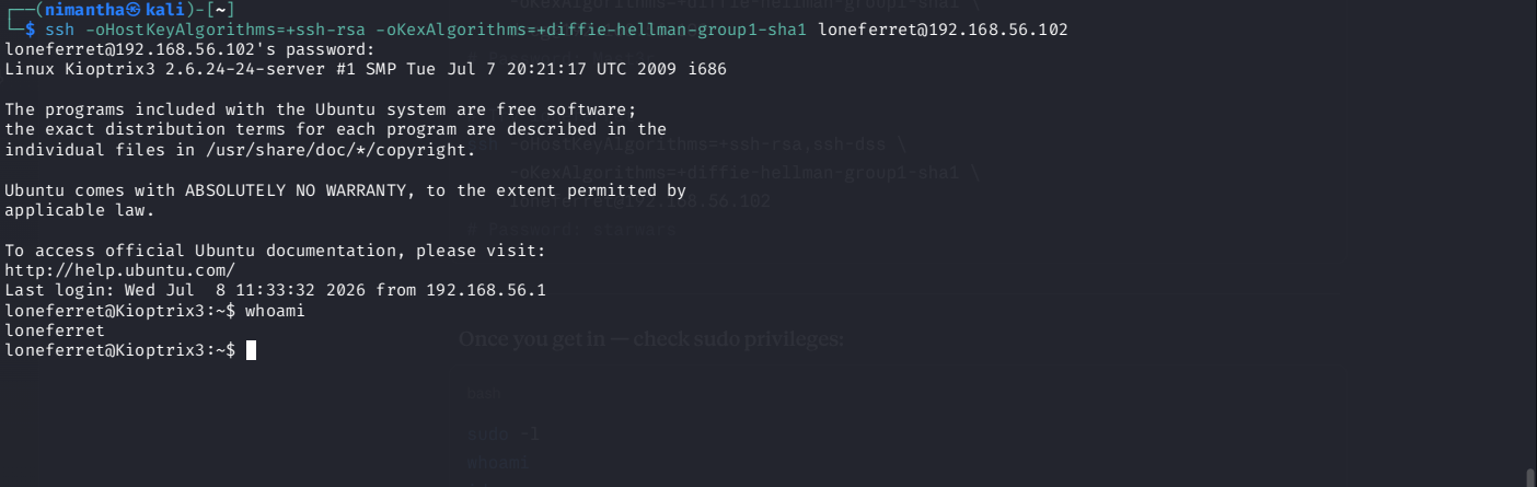 以 loneferret 身份成功登录 SSH