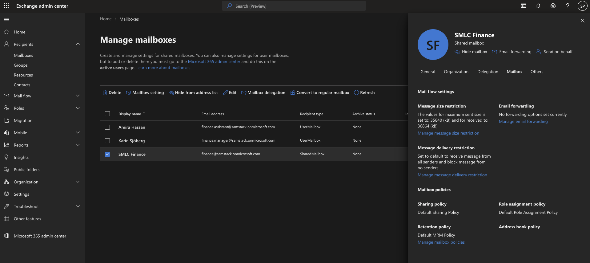 Exchange admin center showing SMLC Finance shared mailbox