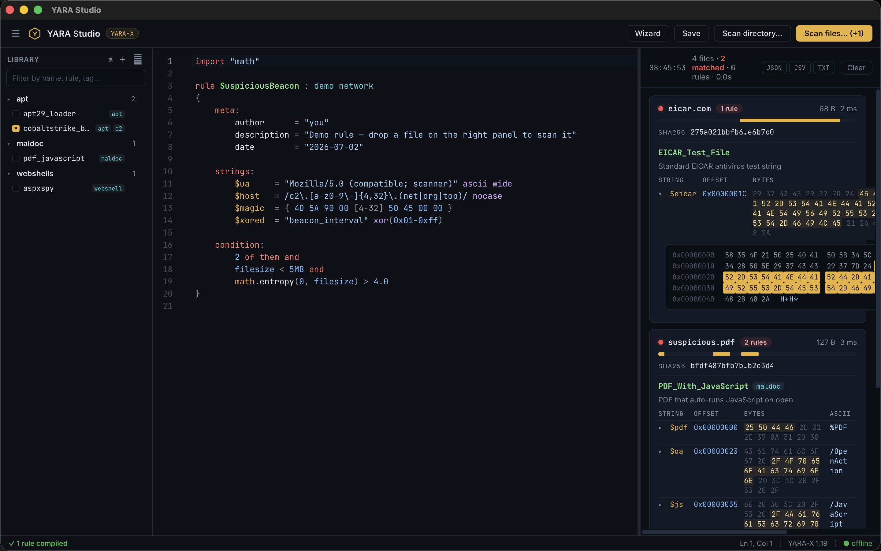 Hex view of a match with the matched bytes highlighted