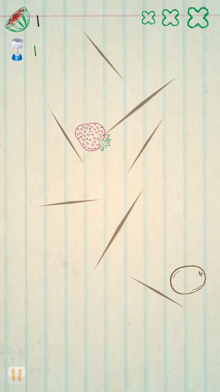 Clean-room Pencil Blade Classic reconstruction after cut input, showing score one and fruit in motion at 720 by 1280.