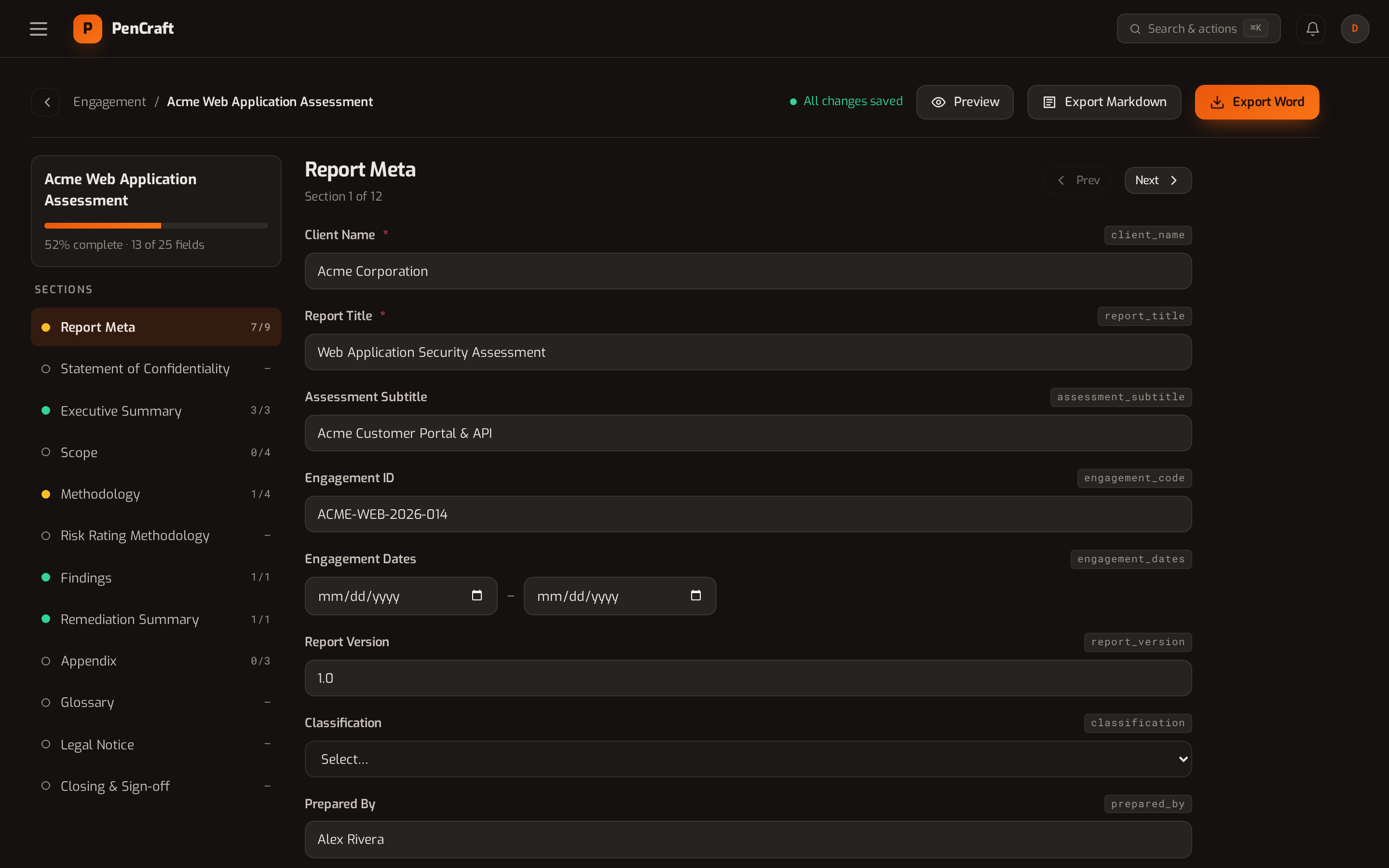 Filling in an engagement — typed fields, section navigation, live save