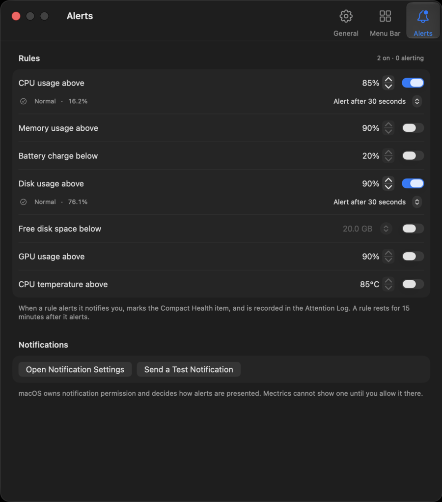 The Alerts settings pane: threshold rules for CPU, memory, battery, disk, GPU, and temperature, each with a sustained duration