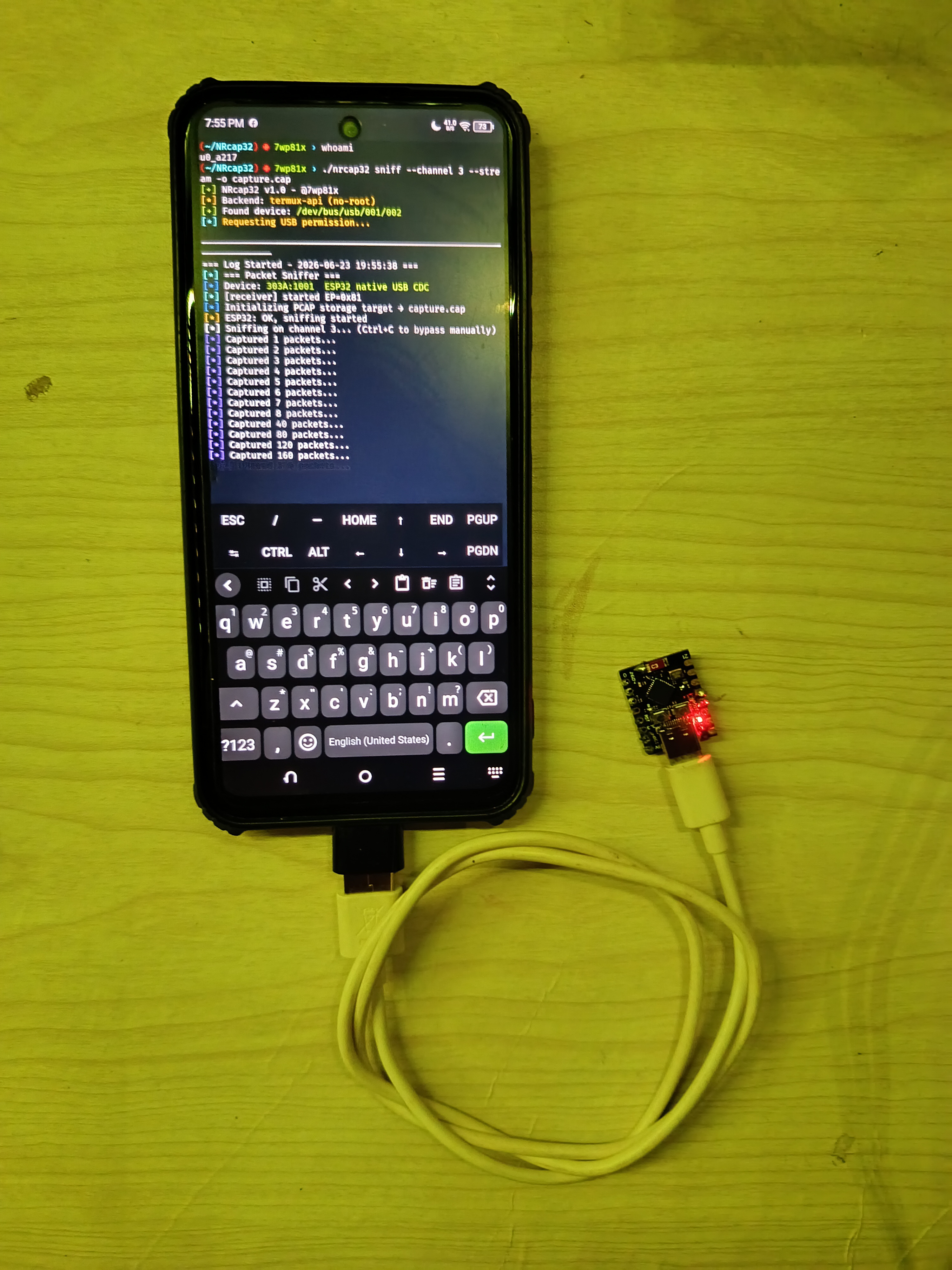 ESP32-C3-SuperMini connected to Android phone via OTG cable