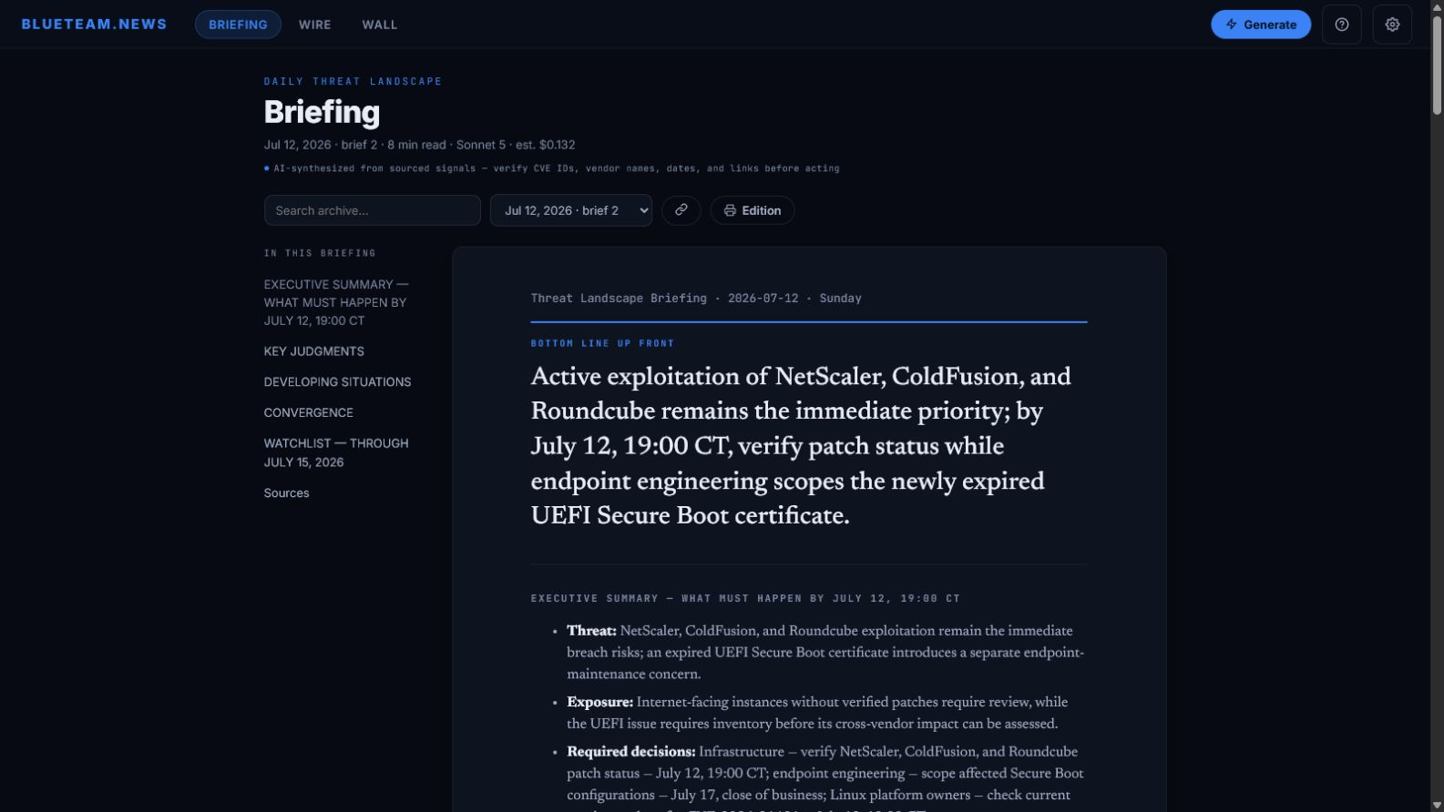 The Briefing —— 一份由 AI 撰写的每日威胁简报,带有其专属的诚实声明框