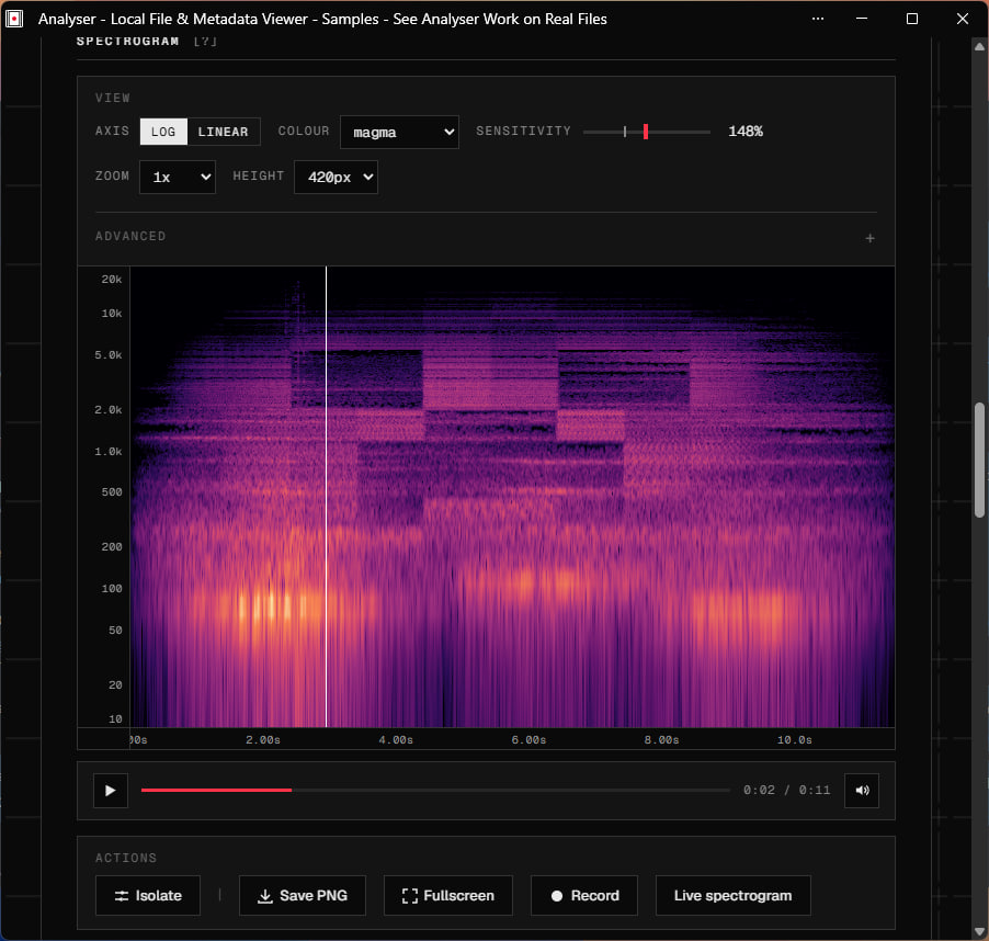 Spectrogram view with magma colour map and log axis