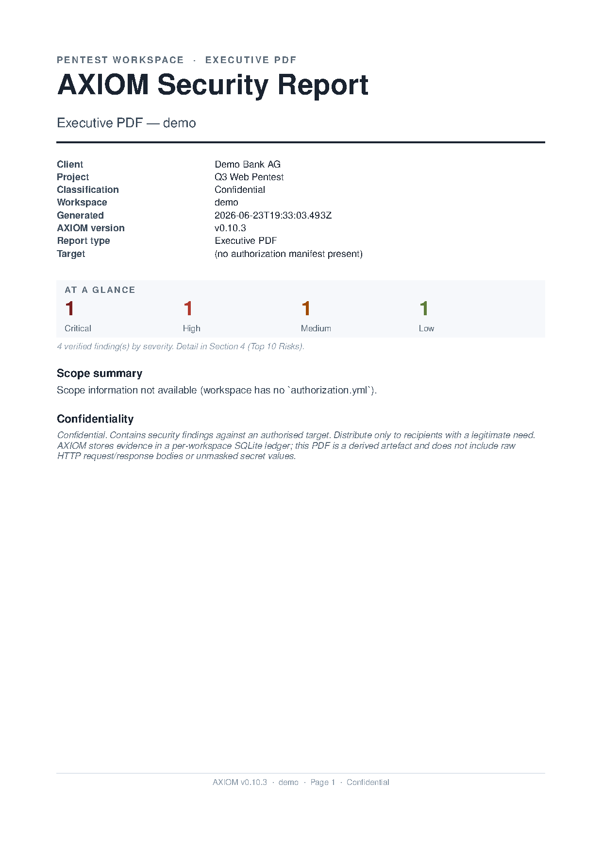 Branded "AXIOM Security Report" PDF cover with client, project and classification from the engagement