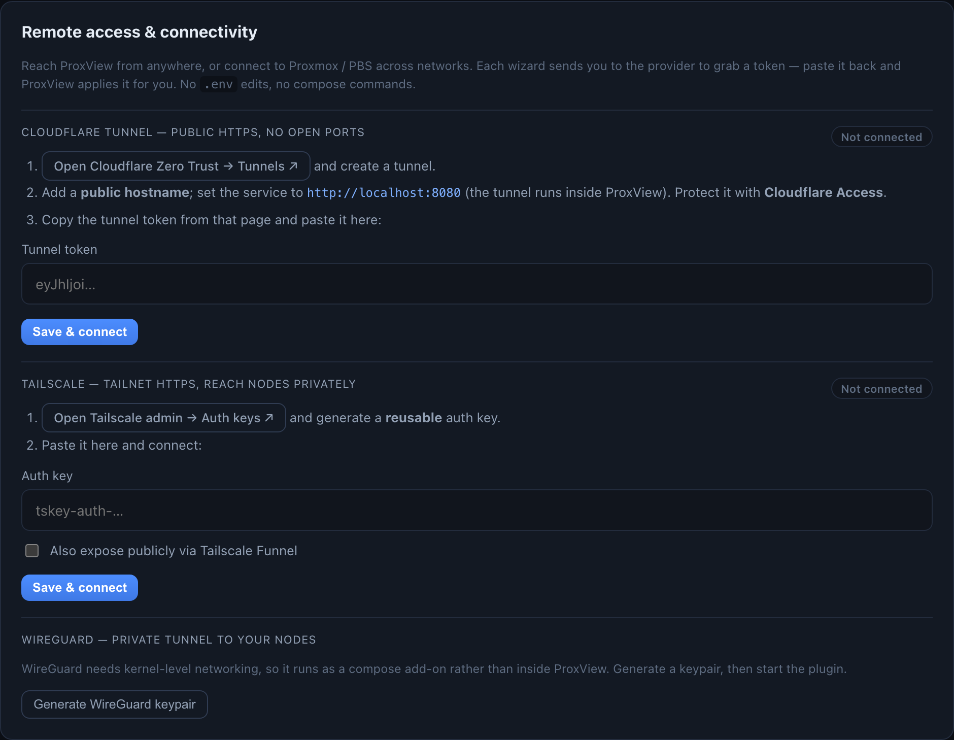 Settings → Remote access & connectivity — Cloudflare Tunnel, Tailscale and WireGuard wizards