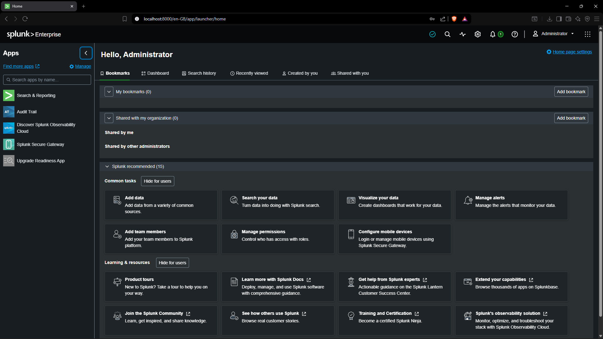 Splunk Enterprise Home Page