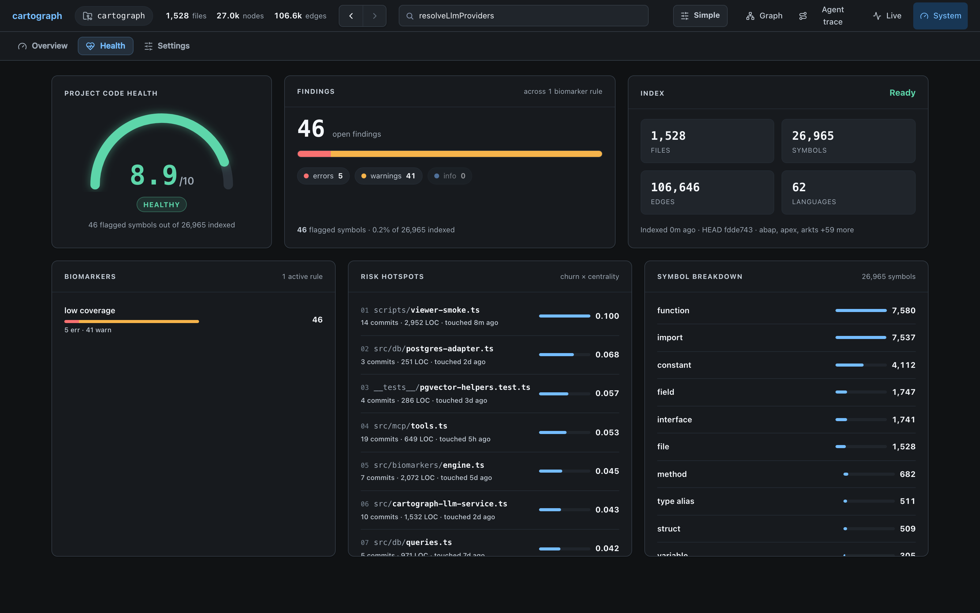 Cartograph viewer health dashboard with code health score gauge, findings, risk hotspots, index stats, and symbol breakdown