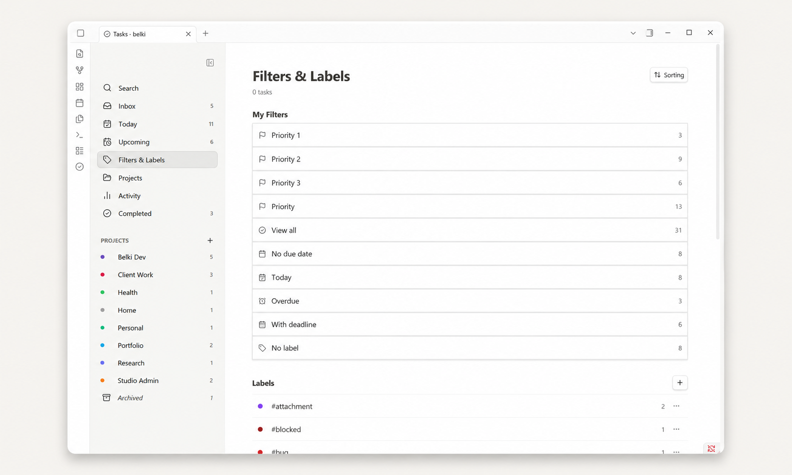 belki Filters and Labels view