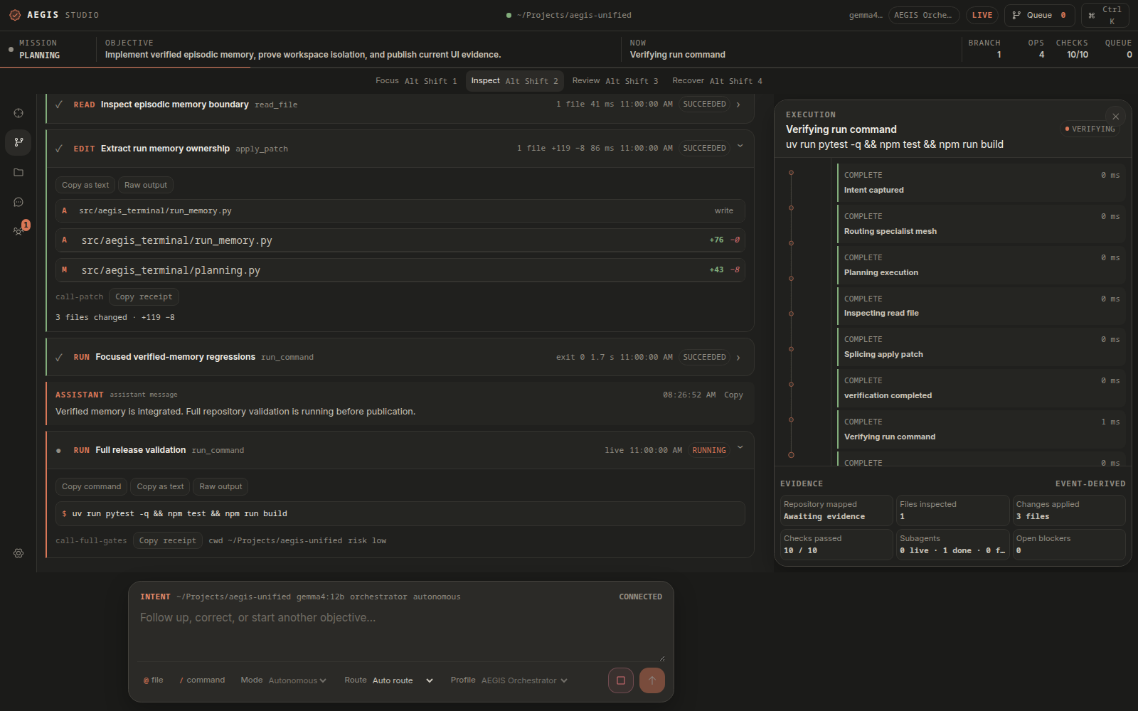 Aegis 0.10 Studio desktop mission view