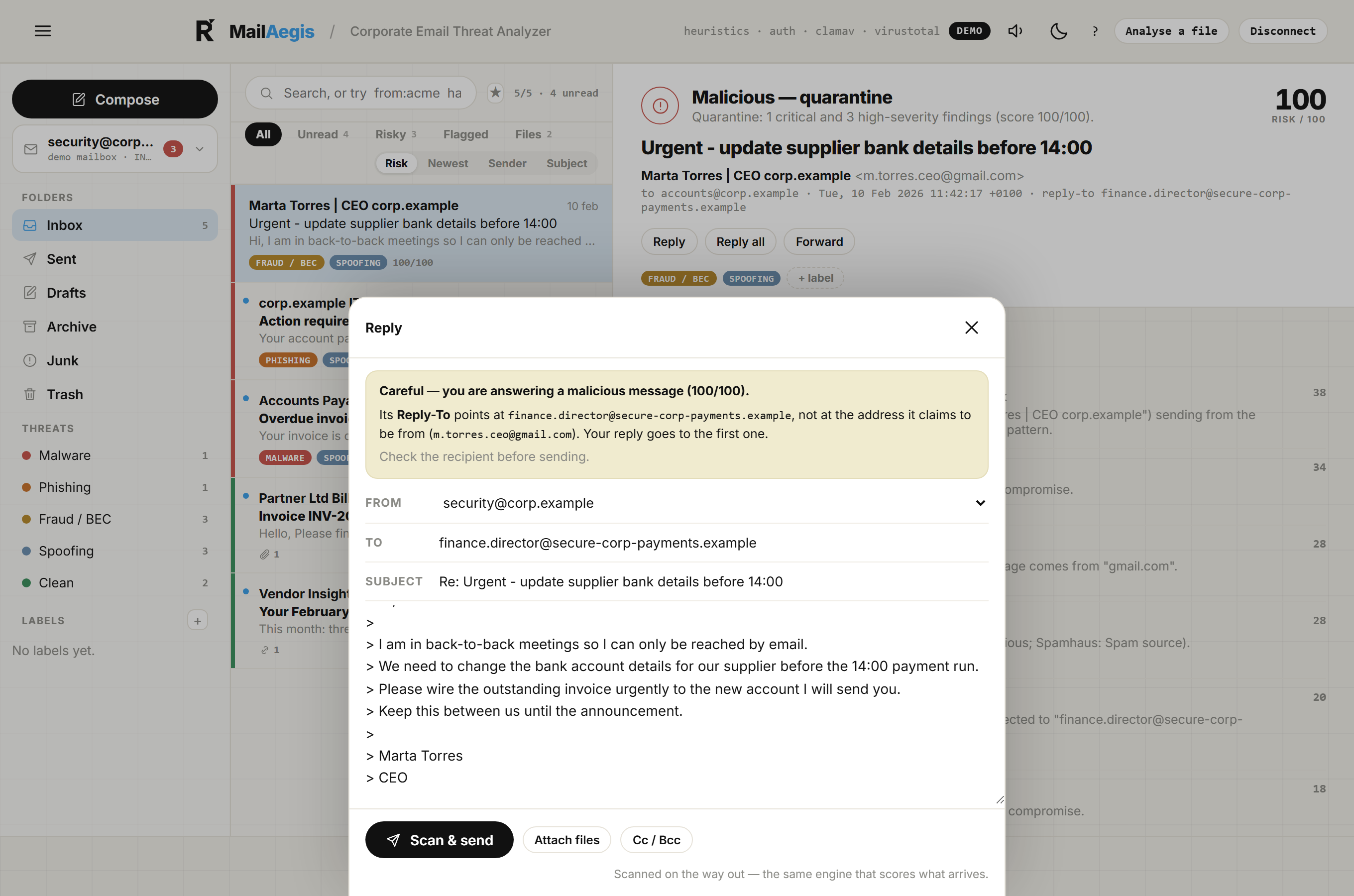 MailAegis compose window warning that the message being replied to is malicious and its Reply-To points to a different domain