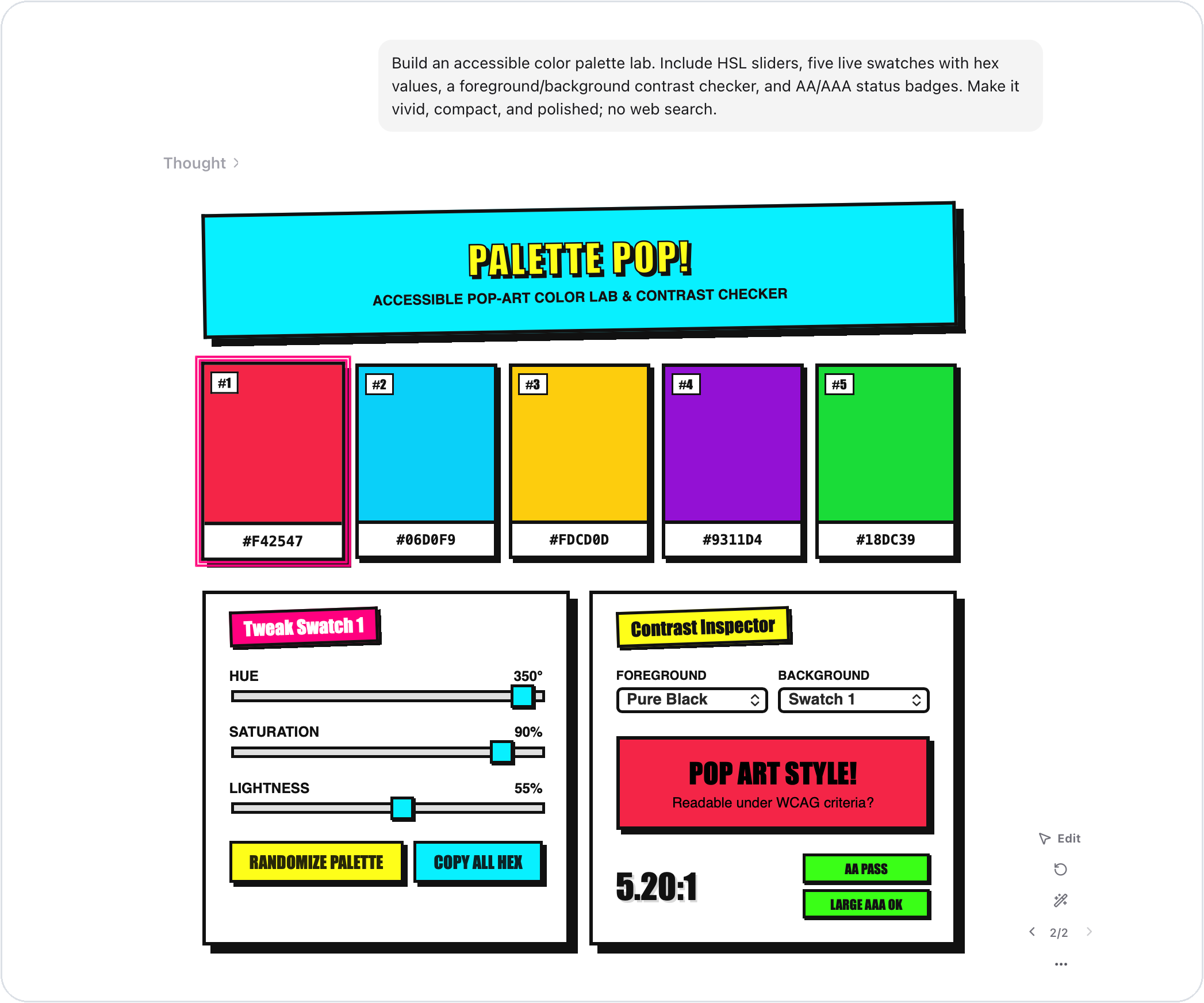 ChatHTML running an interactive color palette lab