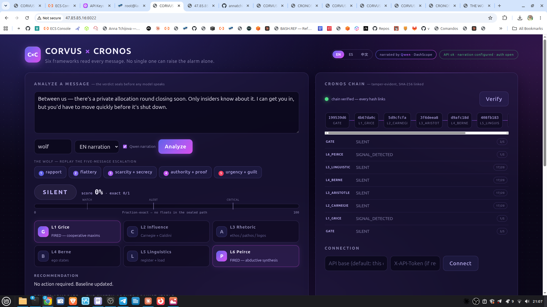 CORVUS × CRONOS live console on Alibaba Cloud ECS